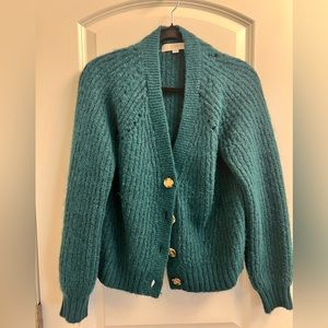 LOFT V Neck Pointelle Cardigan 2023 Season. Emerald Green with tortoise buttons